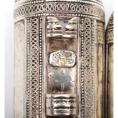 5 - Three white metal scroll holders/mezuzah, with filigree decoration, two with scrip tabs, 12, 14, and... 