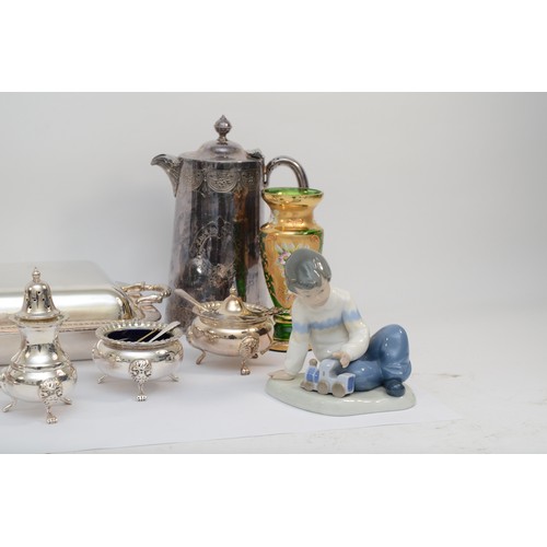 13 - Two electroplated entree dishes, a cruet set, and a Nao figure.