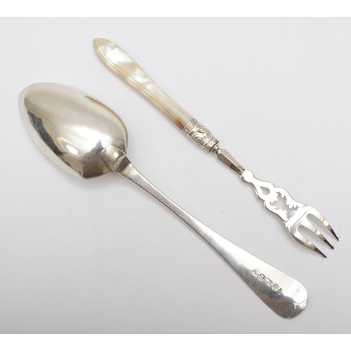 15 - A Victorian silver serving spoon, Newcastle 1851, 64g, together a Victorian silver pickle fork, with... 