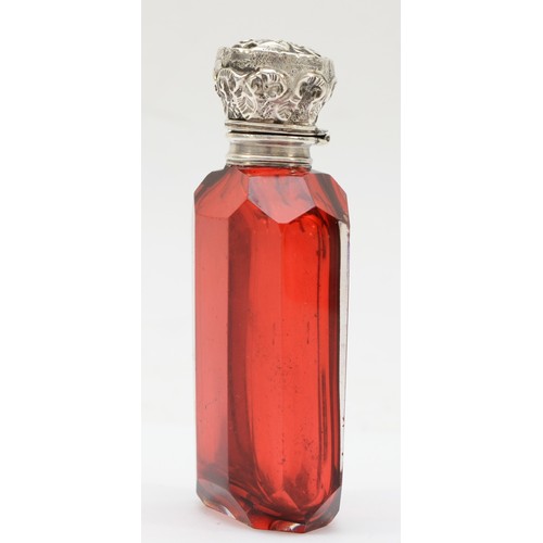 23 - A Victorian silver topped red glass scent bottle, 8.5cm.