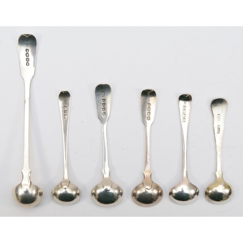 38 - A William IV silver mustard spoon with monogrammed finial, London 1833, together with five George II... 