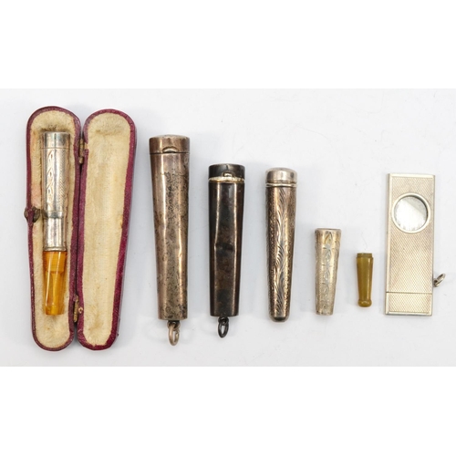 64 - Three silver cheroot cases, a silver cased cigar cutter, London 1976, and a cased sprung cheroot hol... 