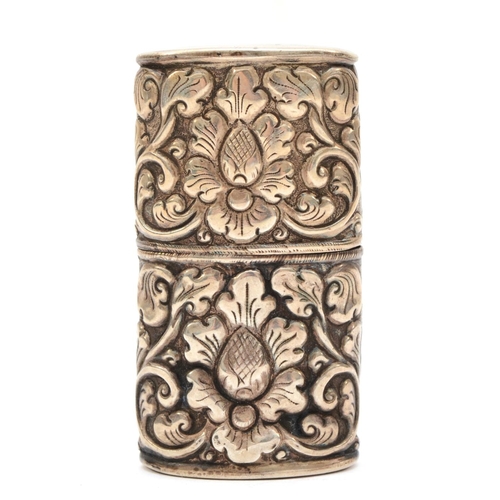 90 - A silver cased petrol lighter, unmarked, with embossed floral decoration, 6 x 3.5 x 2cm.