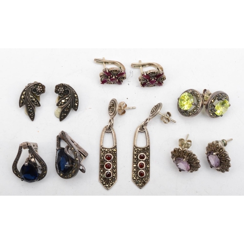 178 - A group of silver marcasite and gemstone earrings, 30gm.