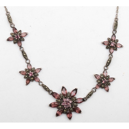 185 - A silver paste and marcasite necklace, 43cm, with matching earrings, 14gm.