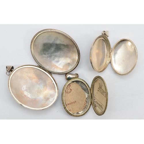 191 - Two silver lockets with chase floral and scrolling detail, largest 5.5cm, 33gm, together with a Vict... 