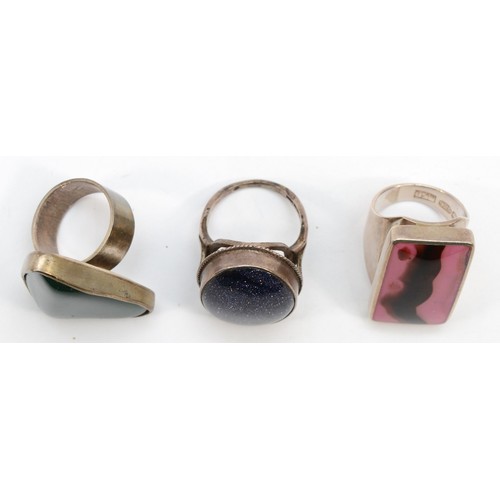 215 - Three silver rings to include pink enhanced mother of pearl ring by OSW, Sheffield 2009, and a chrys... 