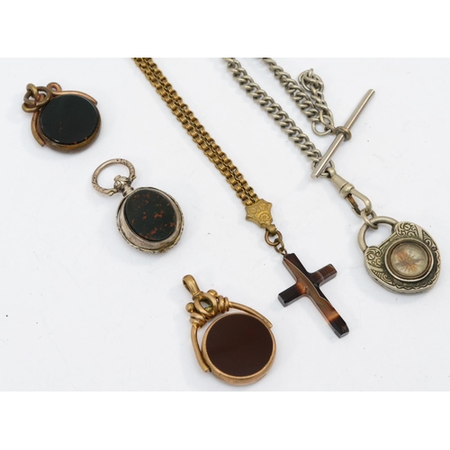 245 - Three base metal watch fobs set with carnelian and blood stone, a gold plated chain with agate cross... 