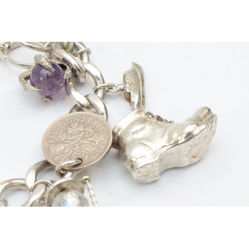 252 - A silver charm bracelet with heart clasp and eleven charms, 106gm.