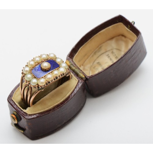 280 - A George III rose gold, blue enamel and half pearl mourning ring, c.1820, unmarked, with wirework sh... 