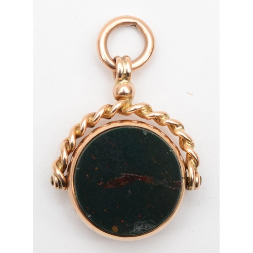 312 - A 9ct rose gold carnelian and bloodstone swivel fob, Chester 1908, 3cm, 7.1gm.