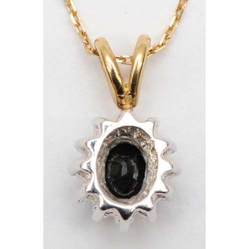 319 - A unmarked gold sapphire and diamond cluster pendant, 15mm, chain 46cm, 1.7gm.