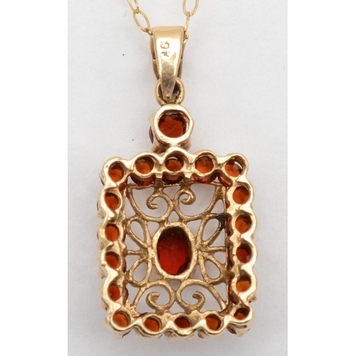 320 - A 9ct gold garnet pendant, 23mm, chain, 40cm, 2gm.