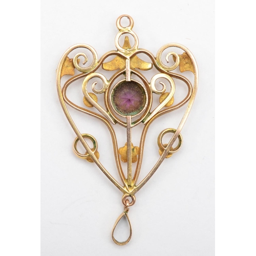 332 - A Edwardian 9ct gold openwork pendant with seed pearls, 4cm, 3gm, one setting vacant.