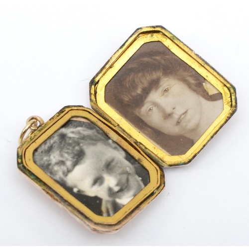 333 - A Victorian gold front and back rectangular locket with scrolling engraving, 2.5 x 2.2cm, 6.3gm.