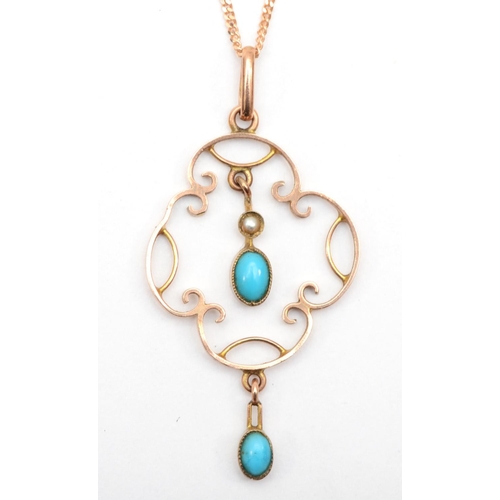 369 - A Edwardian 9ct rose gold turquoise open work pendant, 34mm, on chain, 58cm, 3.5gm.