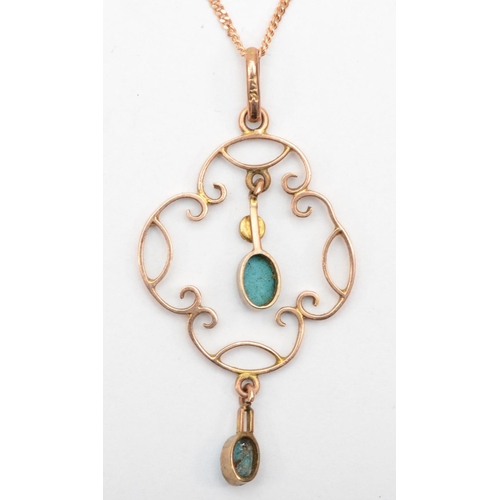 369 - A Edwardian 9ct rose gold turquoise open work pendant, 34mm, on chain, 58cm, 3.5gm.