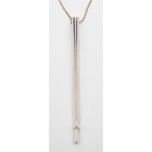 371 - A 9ct white gold diamond bar pendant, 35mm, on 375 chain, 44cm, 1.5gm.