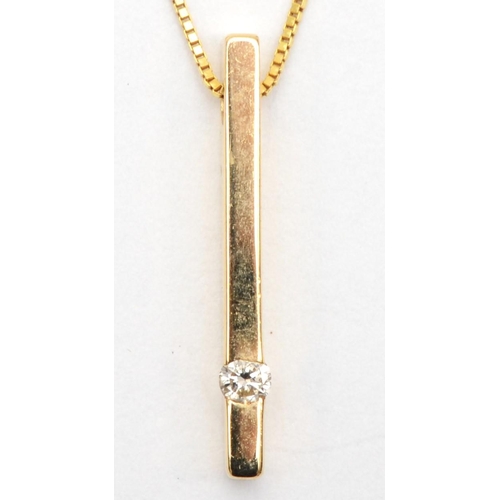 372 - A 14kt gold diamond bar pendant, 23mm, on chain, 46cm, 2.2gm.