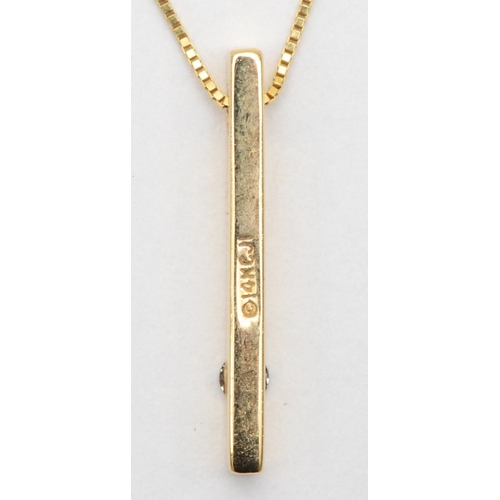 372 - A 14kt gold diamond bar pendant, 23mm, on chain, 46cm, 2.2gm.