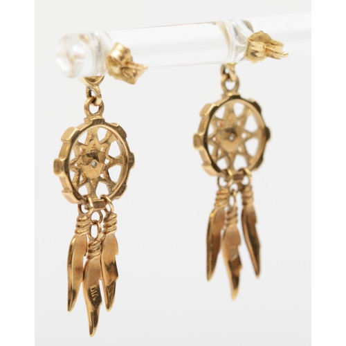 382 - A 9ct gold pair of diamond dream catcher earrings, 3cm, 3.1gm.