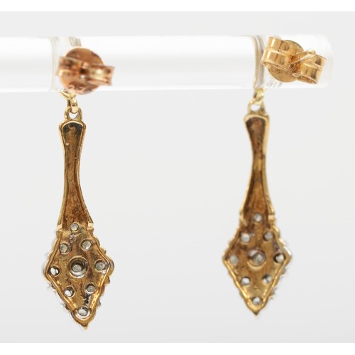 383 - A pair of diamond drop cluster earrings, 2.5cm, 1.7gm.