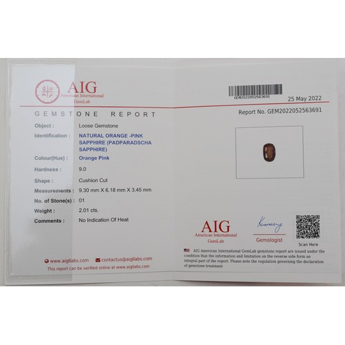 160 - A 2ct cushion cut Padparadscha Sapphire with AIG gemstone report, 9.30 x 6.18 x 3.45mm.