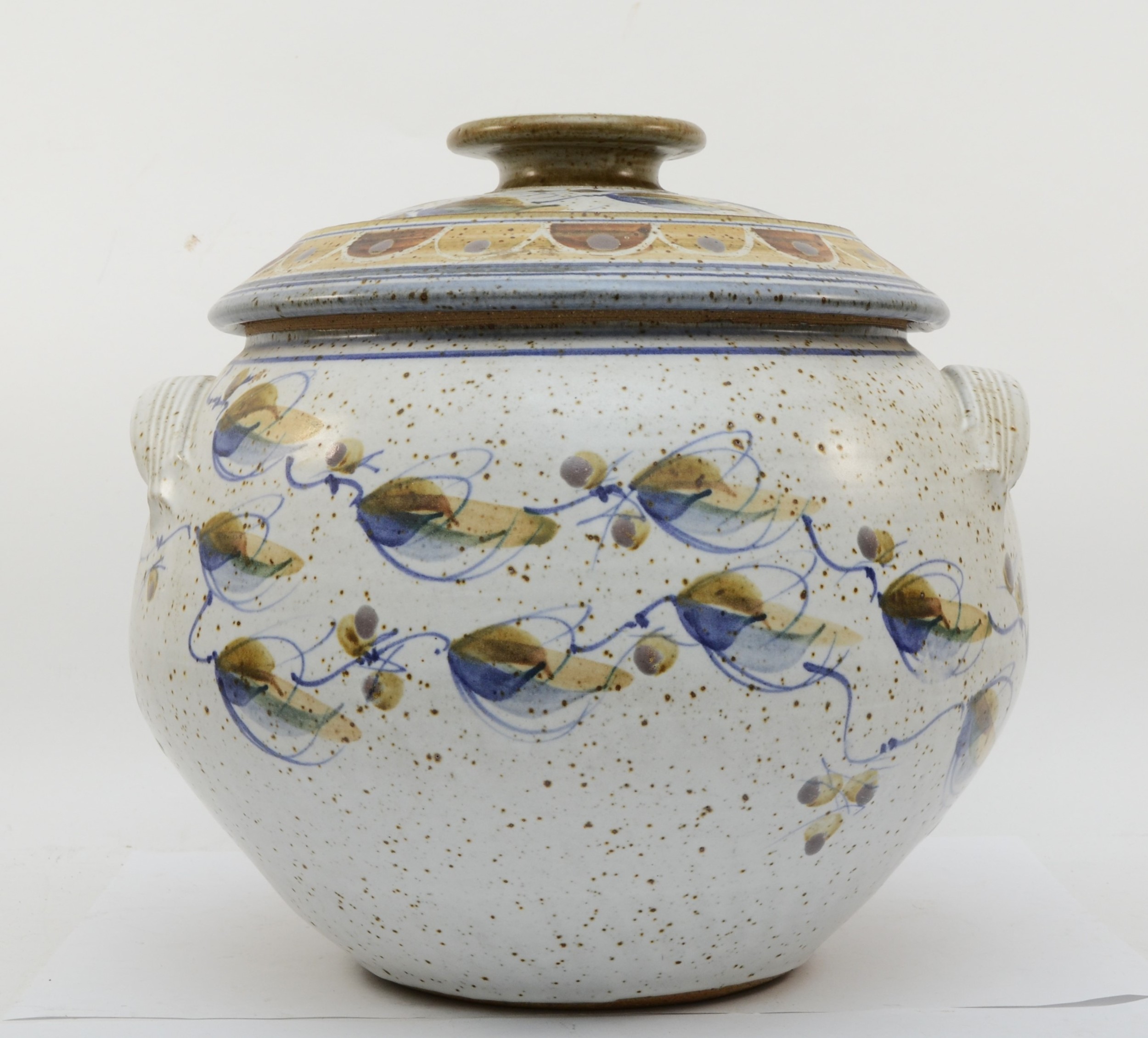 Andrew Hague Askrigg Pottery, a large twin handled lidded jar, stamped