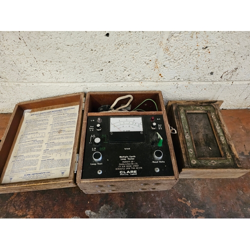 102 - A Clare Multiple Earth Loop Tester, case and a wooden key box