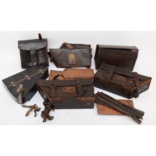 213 - A pair of vintage metal and leather toolboxes in original condition, a leather toolbox in parts alon... 