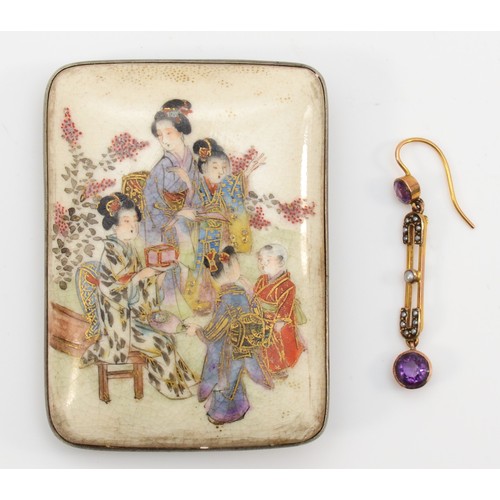 252 - A Japanese silver belt buckle with satsuma panel depicting geisha in a courtyard, 5.5 x 4cm, togethe... 