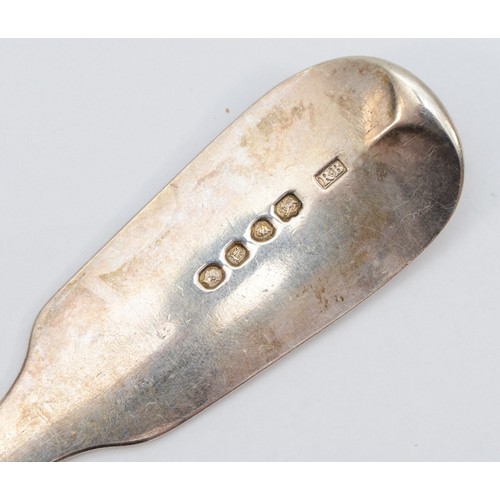 25 - A Victorian silver fiddle pattern basting spoon, by Richard Britton, London 1843,  monogrammed finia... 