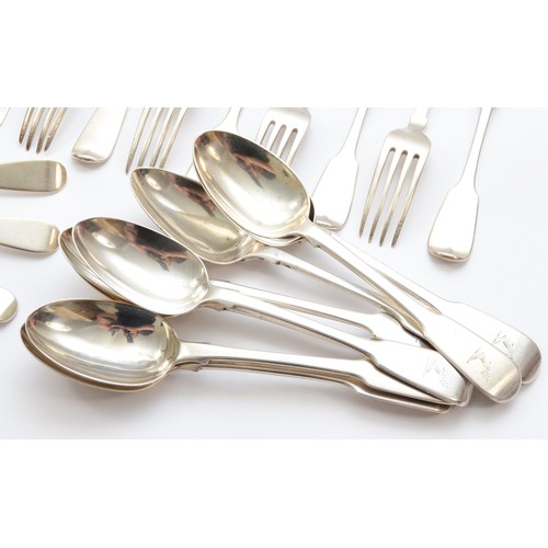 26 - A part set of Victorian silver fiddle pattern flatware, by George William Adams, London 1842, 1843, ... 