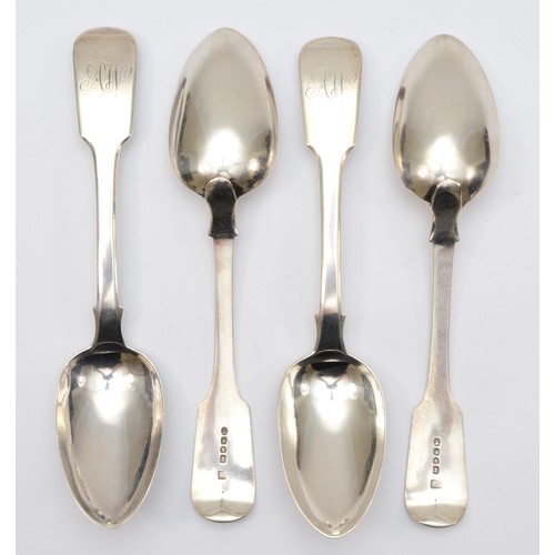 29 - Four George IV silver fiddle pattern table spoons, by Jonathan Hayne, London 1827, Monogrammed finia... 