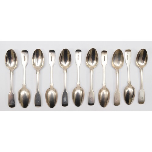 30 - Eleven Victorian silver fiddle pattern tea spoons, by Samuel Hayne & Dudley Cater, London 1846, mono... 