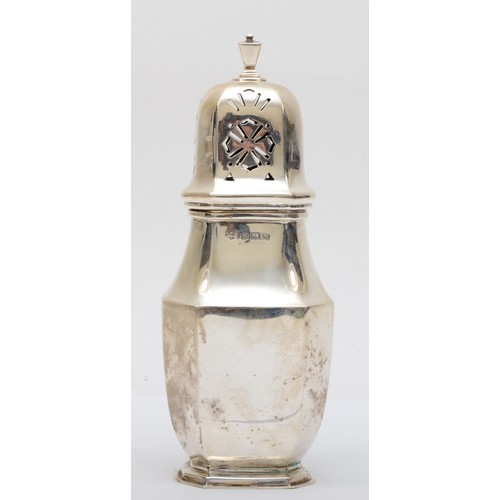 38 - A George VI silver sugar castor, maker rubbed, Birmingham 1937, of baluster form with canted corners... 