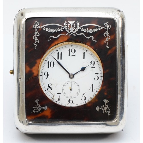 42 - A silver and tortoiseshell boudoir easel clock, London 1918, opening to reveal a nickel plated Golia... 