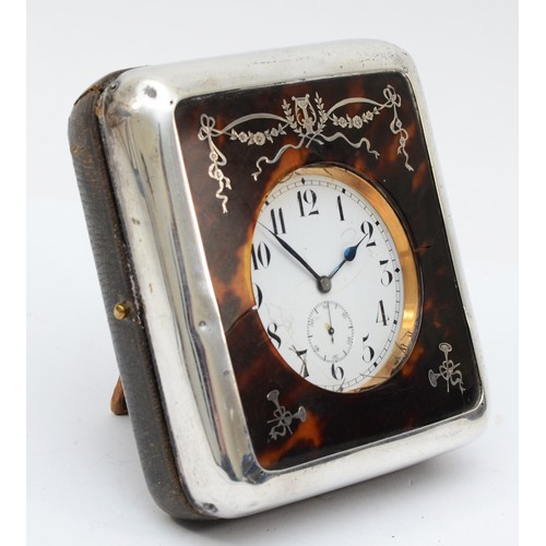 42 - A silver and tortoiseshell boudoir easel clock, London 1918, opening to reveal a nickel plated Golia... 