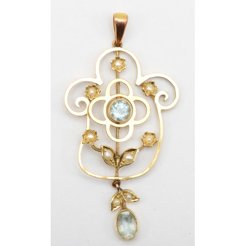 67 - An Edwardian 9ct gold aquamarine and seed pearl openwork pendant, 23 x 45mm, 2.1gm.