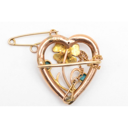 73 - A Victorian 9ct gold turquoise and seed pearl heart shaped floral brooch, 9ct tab to reverse, 2 x 2c... 