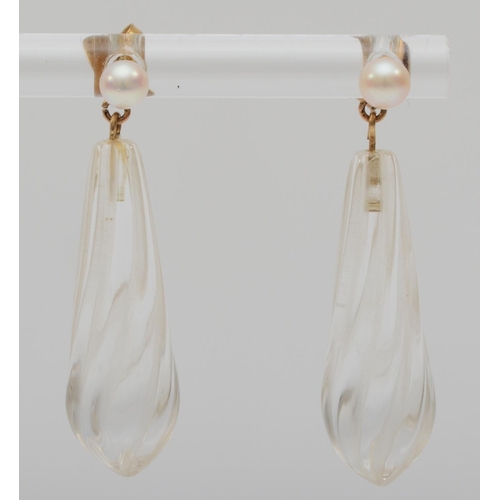 76 - A pair of Art Deco rock crystal drops on later 9ct gold pearl tops, 3.5cm, 4.9gm.