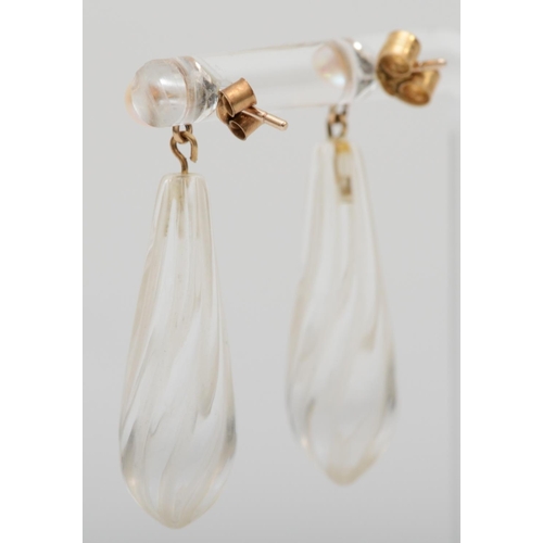 76 - A pair of Art Deco rock crystal drops on later 9ct gold pearl tops, 3.5cm, 4.9gm.