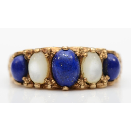 80 - A 9ct gold five stone lapis lazuli and mother of pearl ring, size Q, 3.9gm