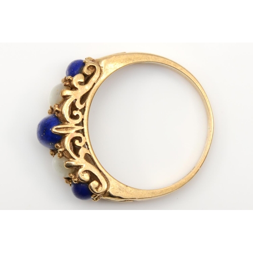 80 - A 9ct gold five stone lapis lazuli and mother of pearl ring, size Q, 3.9gm