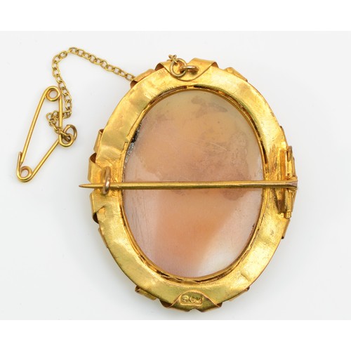 86 - A Victorian 9ct gold shell cameo brooch depicting Flora, 3.5 x 3cm, with chased scrolling boarder, 7... 