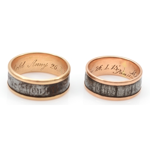 91 - Two German gold and steel wedding bands, the larger inscribed to outer band 'Gold gab ich für eisen ... 