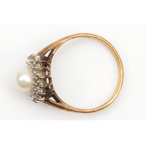 99 - A 9ct gold cultured pearl and eight cut diamond cluster ring, P, 2.5gm.