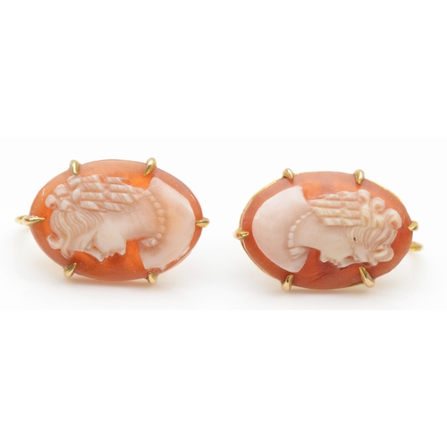 100 - A pair of 9ct gold shell cameo earrings, by W J Pellow Ltd, Chester 1956, 15 x 11mm, 2.6gm.