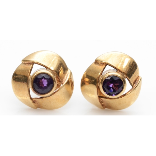 107 - A pair of 9ct gold amethyst modernist ear studs, 13mm, 3.4gm.