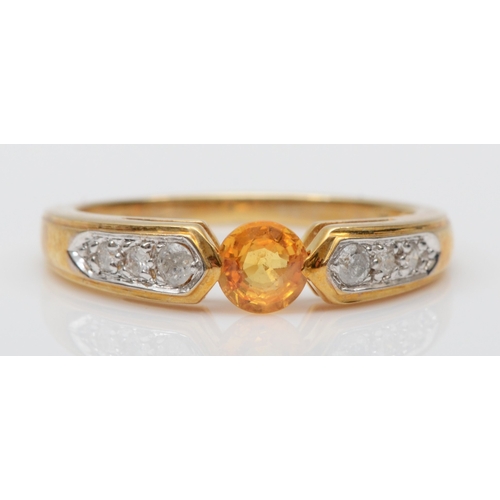 110 - A 9ct gold yellow sapphire dress ring, with diamonds set to the shoulders, N-O, 2.6gm.